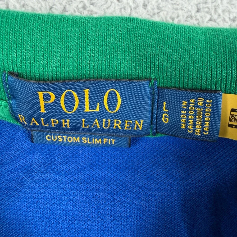 Polo Ralph Lauren Polo Shirt Mens L Blue Green Big Pony‎ Custom Slim Fit
